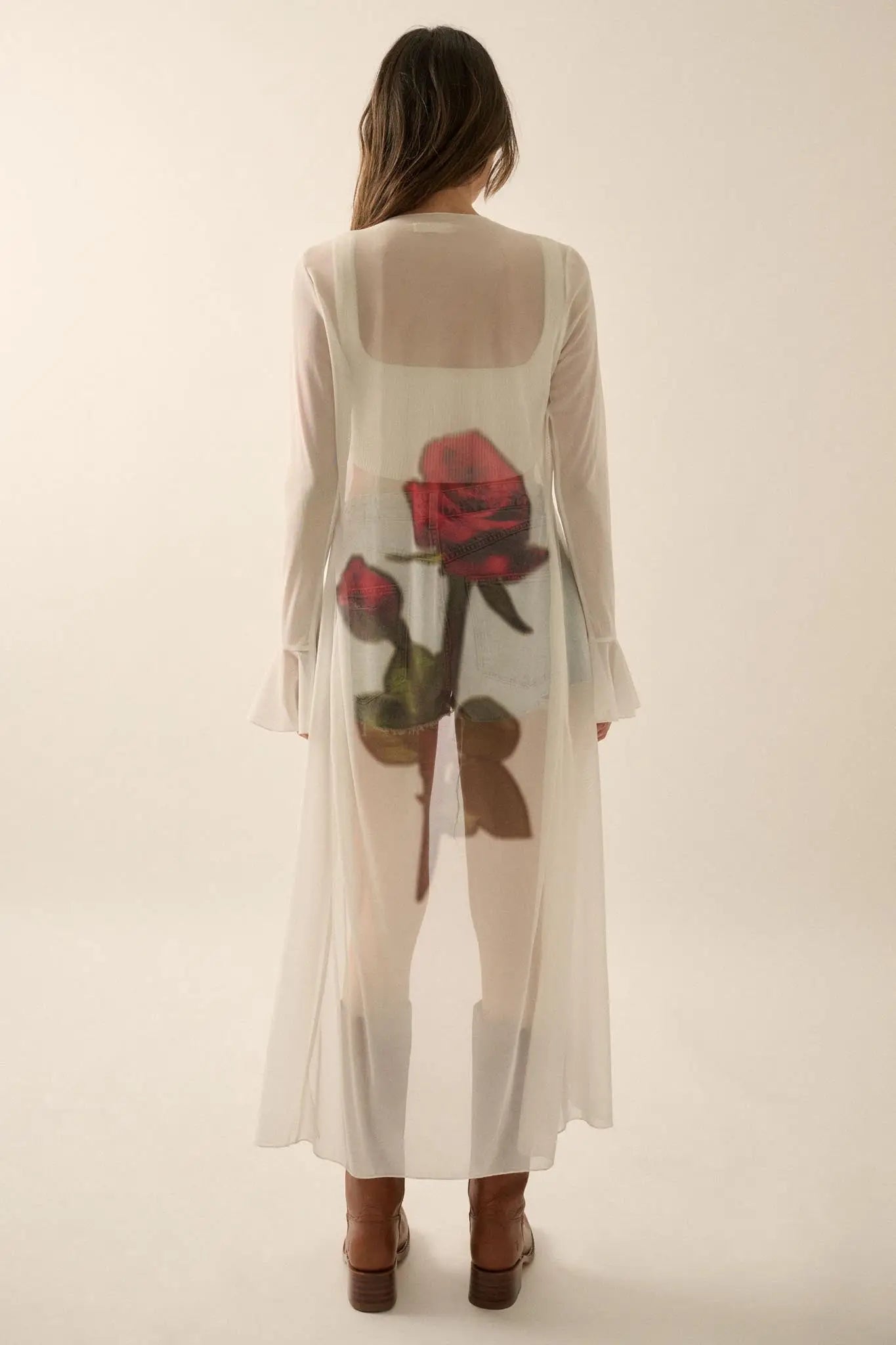 Wild Rose Mesh Back-Print Duster Kimono Cardigan - ShopPromesa