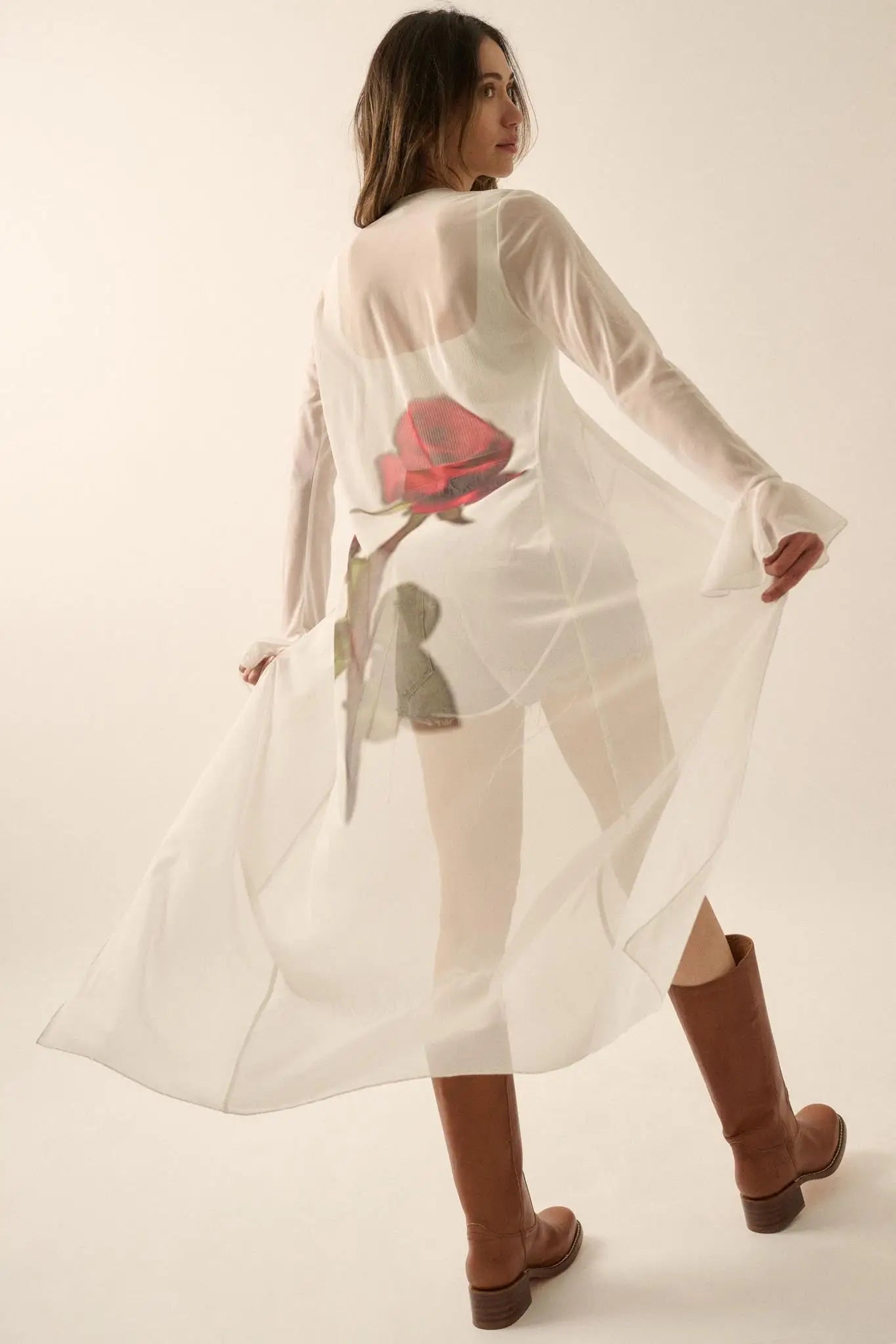 Wild Rose Mesh Back-Print Duster Kimono Cardigan - ShopPromesa