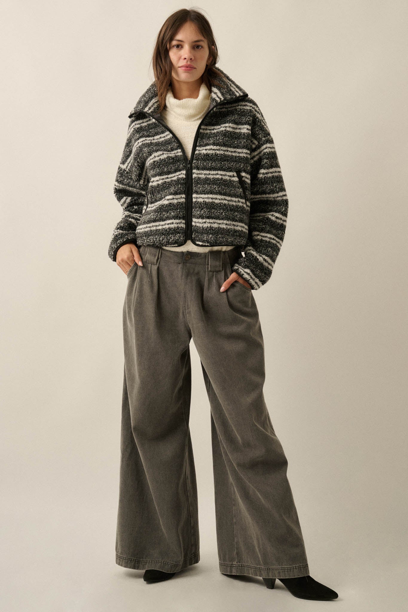Outside the Lines Striped Fleece Zip-Up Jacket - ShopPromesa