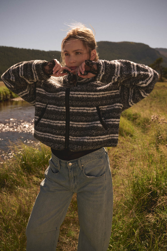 Outside the Lines Striped Fleece Zip-Up Jacket - ShopPromesa