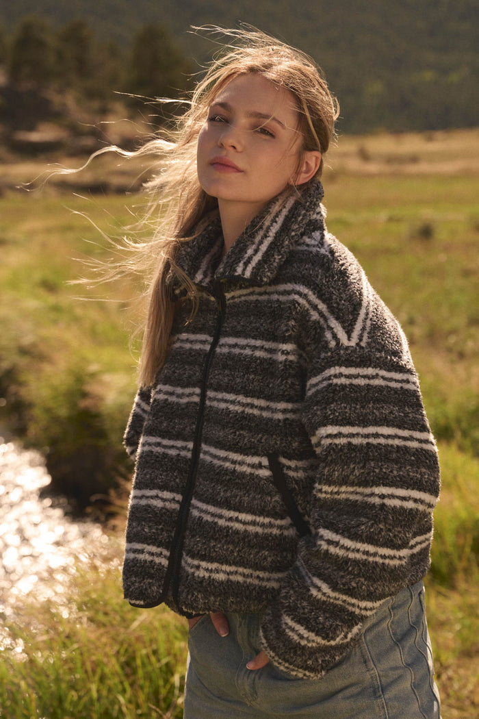 Outside the Lines Striped Fleece Zip-Up Jacket - ShopPromesa