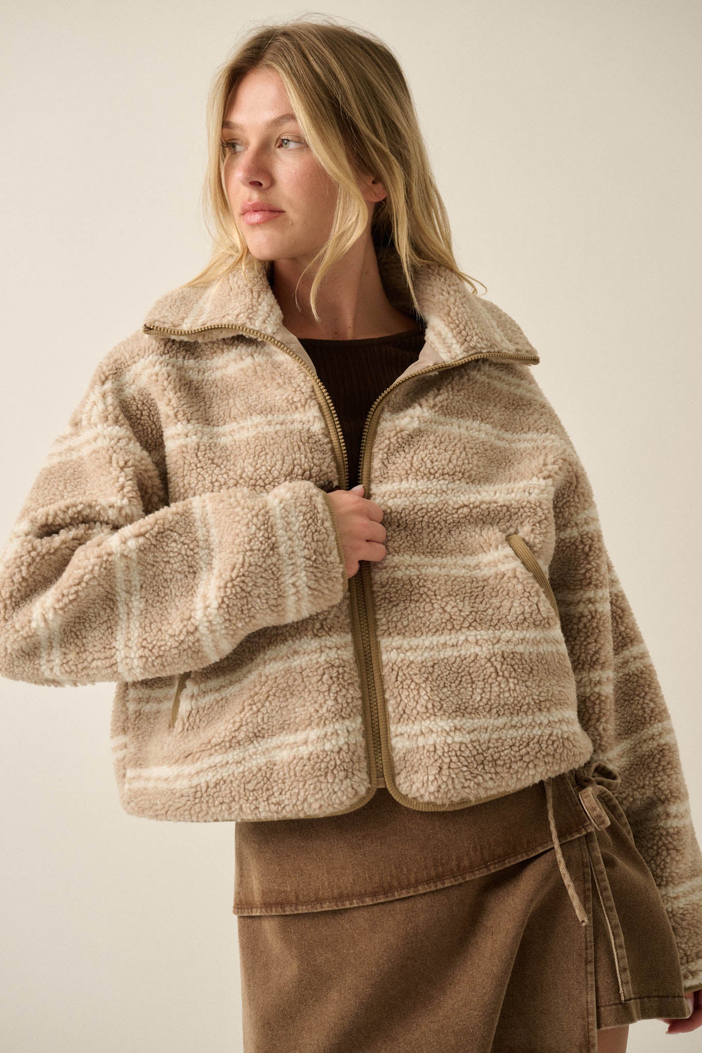 Outside the Lines Striped Fleece Zip-Up Jacket - ShopPromesa