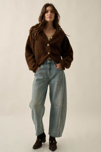 Soft Serenity Fleece Button-Up V-Neck Cardigan - ShopPromesa
