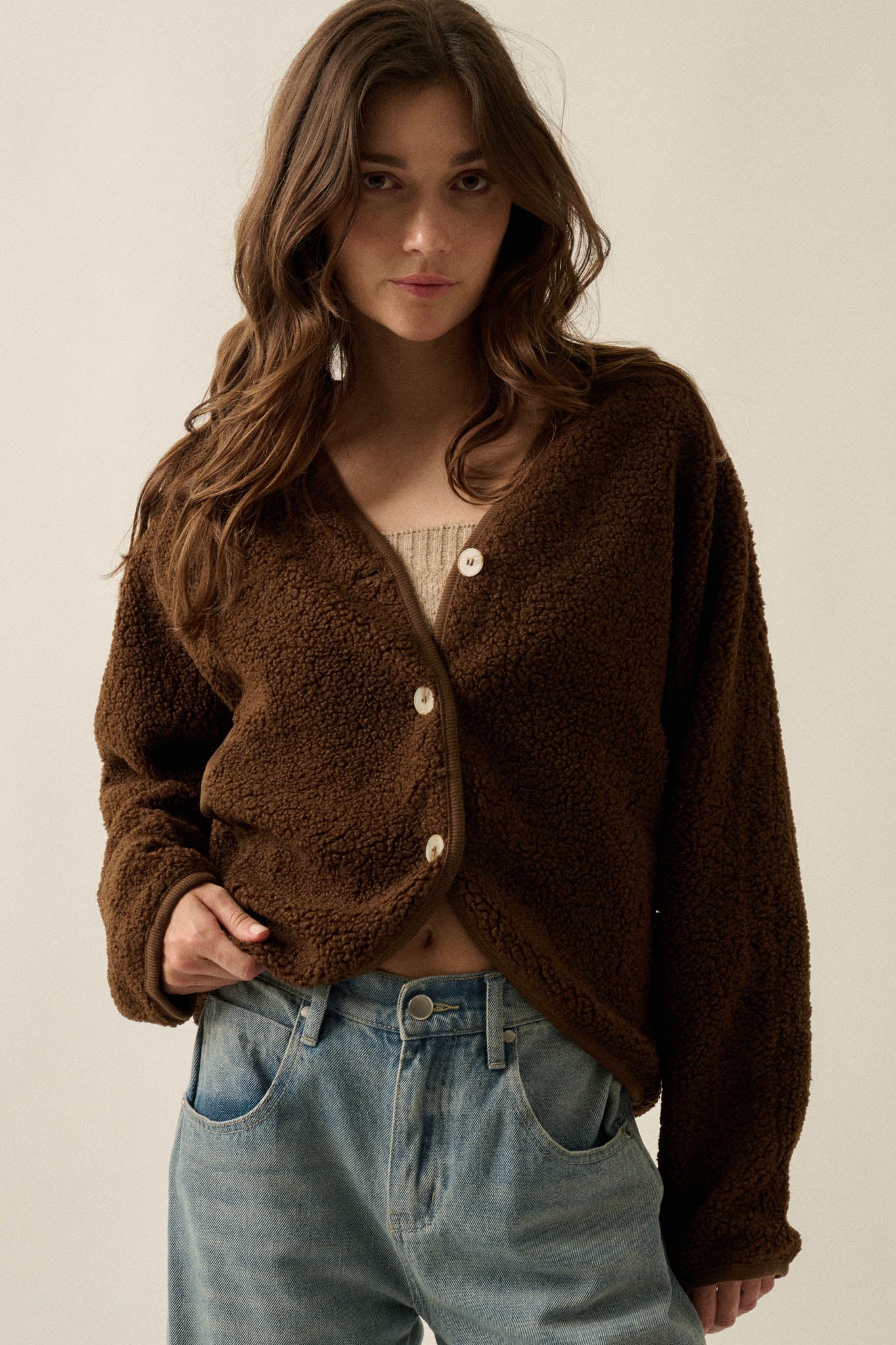 Soft Serenity Fleece Button-Up V-Neck Cardigan - ShopPromesa