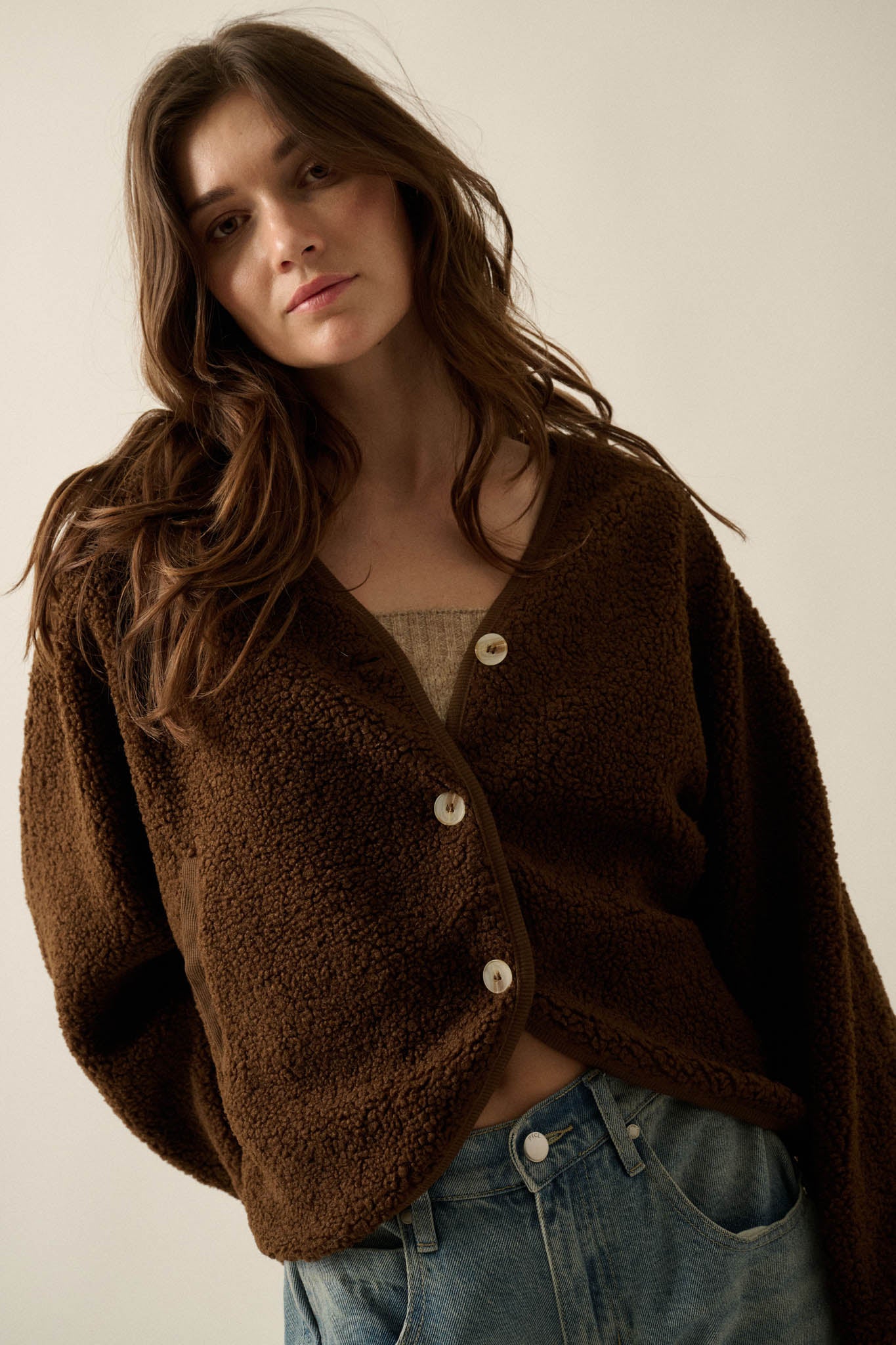 Soft Serenity Fleece Button-Up V-Neck Cardigan - ShopPromesa