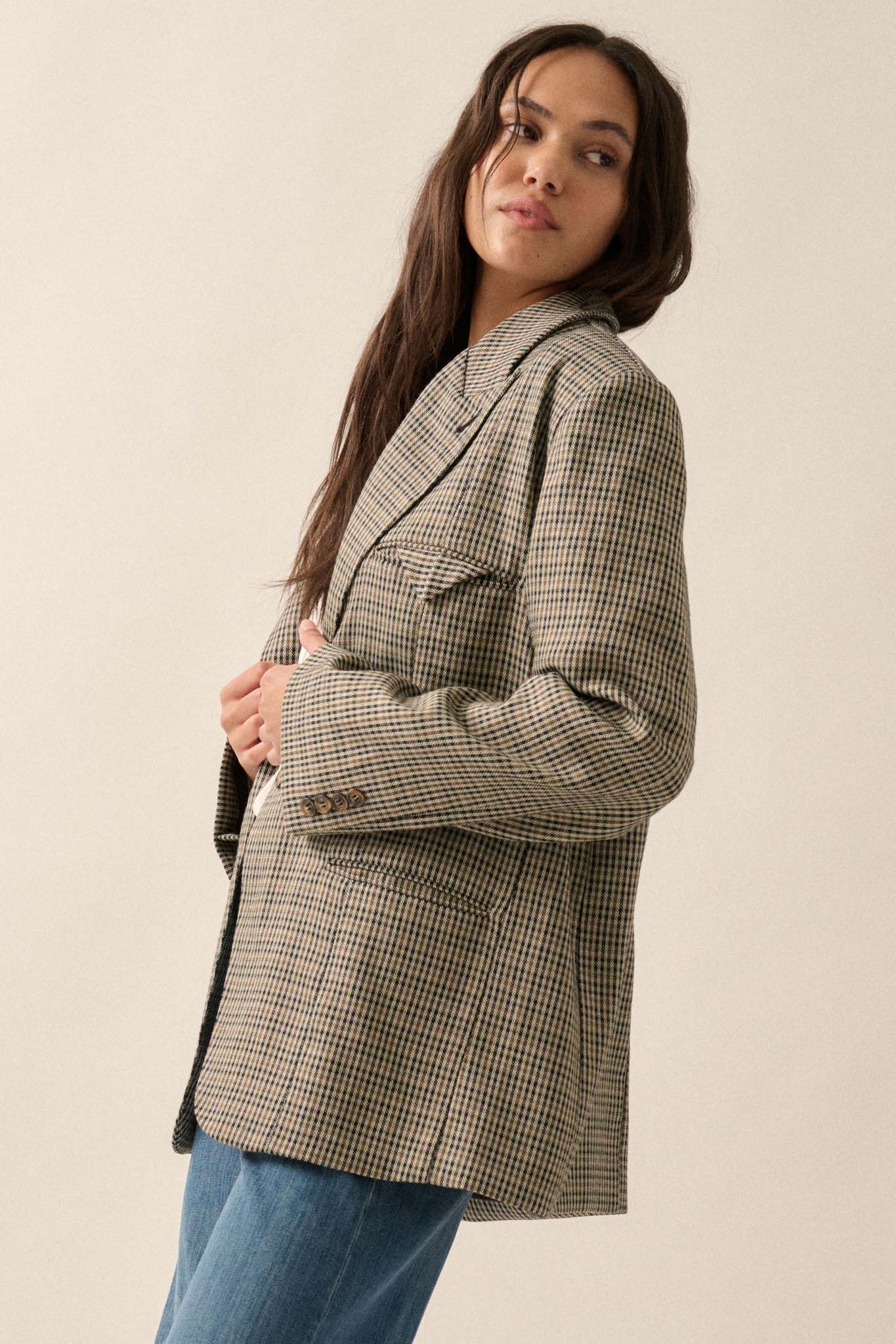 Pretty Smart Houndstooth Plaid Tweed Blazer - ShopPromesa