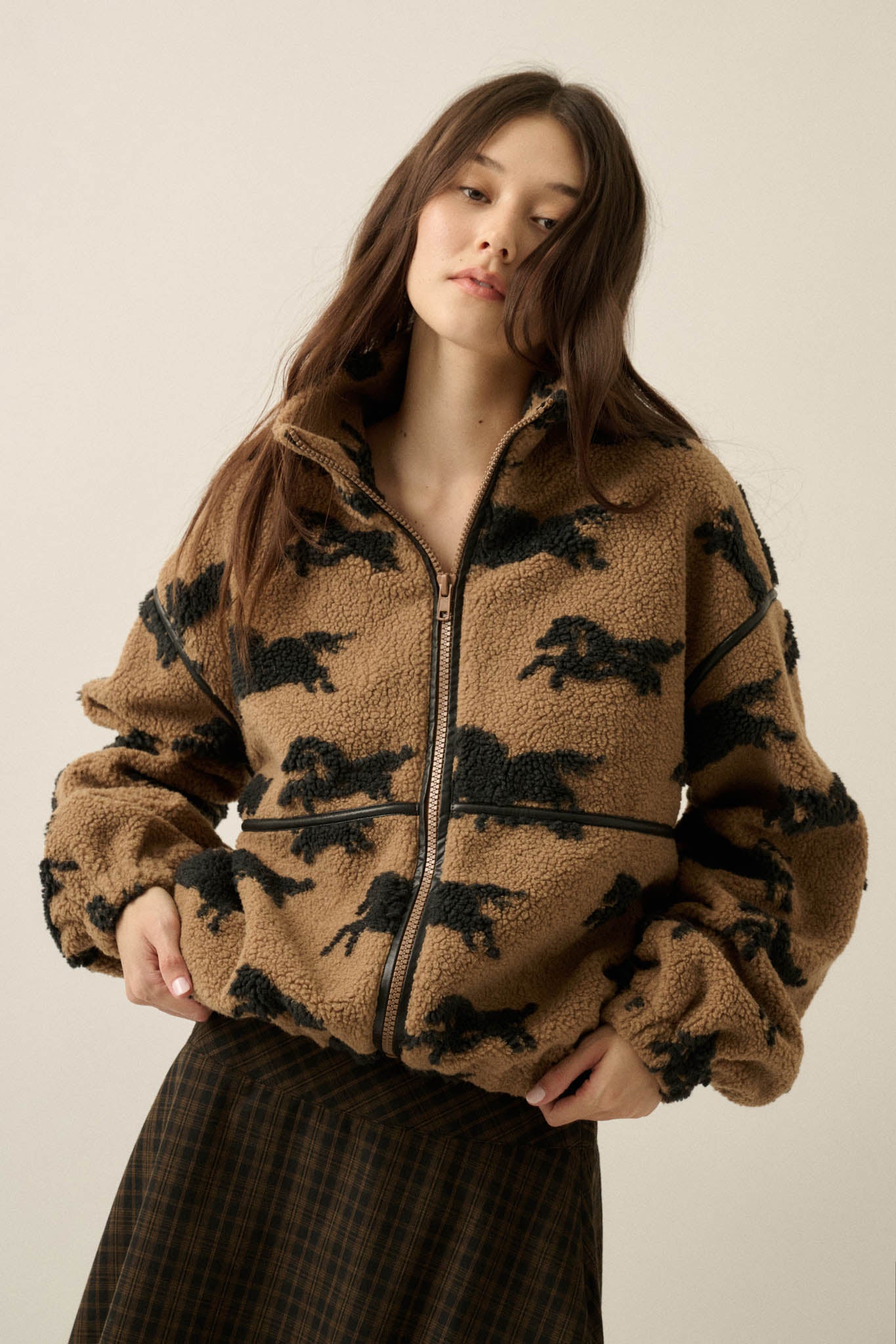 Horse Sense Printed Sherpa Fleece Zip-Front Jacket - ShopPromesa