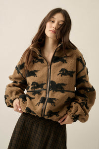 Horse Sense Printed Sherpa Fleece Zip-Front Jacket - ShopPromesa