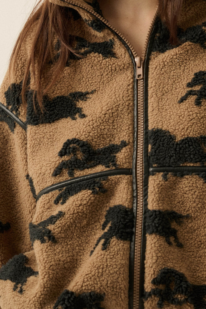 Horse Sense Printed Sherpa Fleece Zip-Front Jacket - ShopPromesa