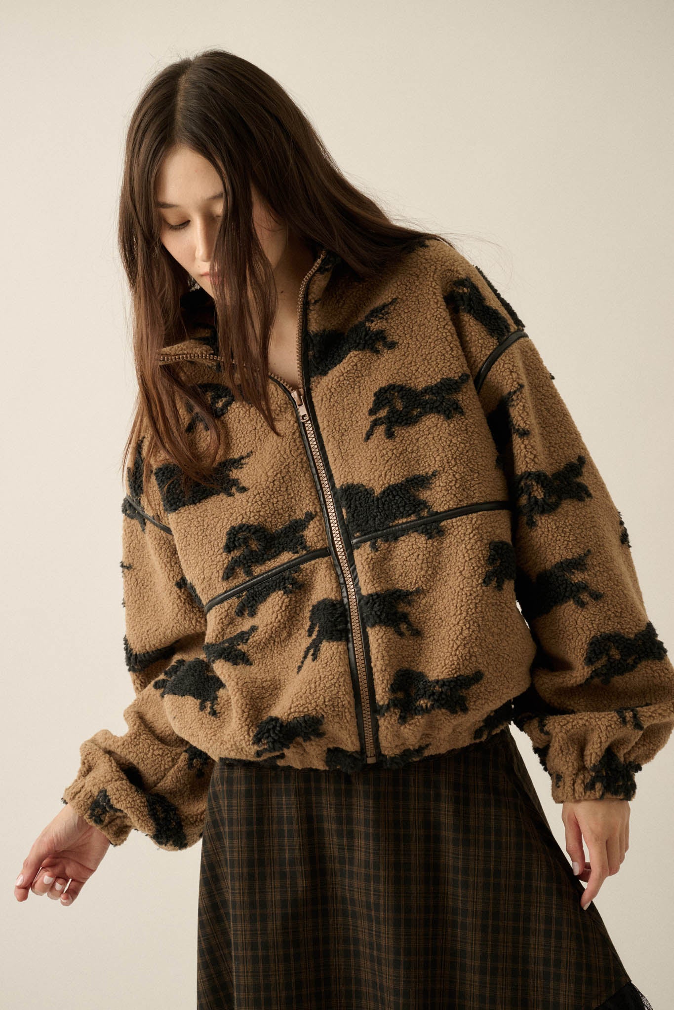 Horse Sense Printed Sherpa Fleece Zip-Front Jacket - ShopPromesa