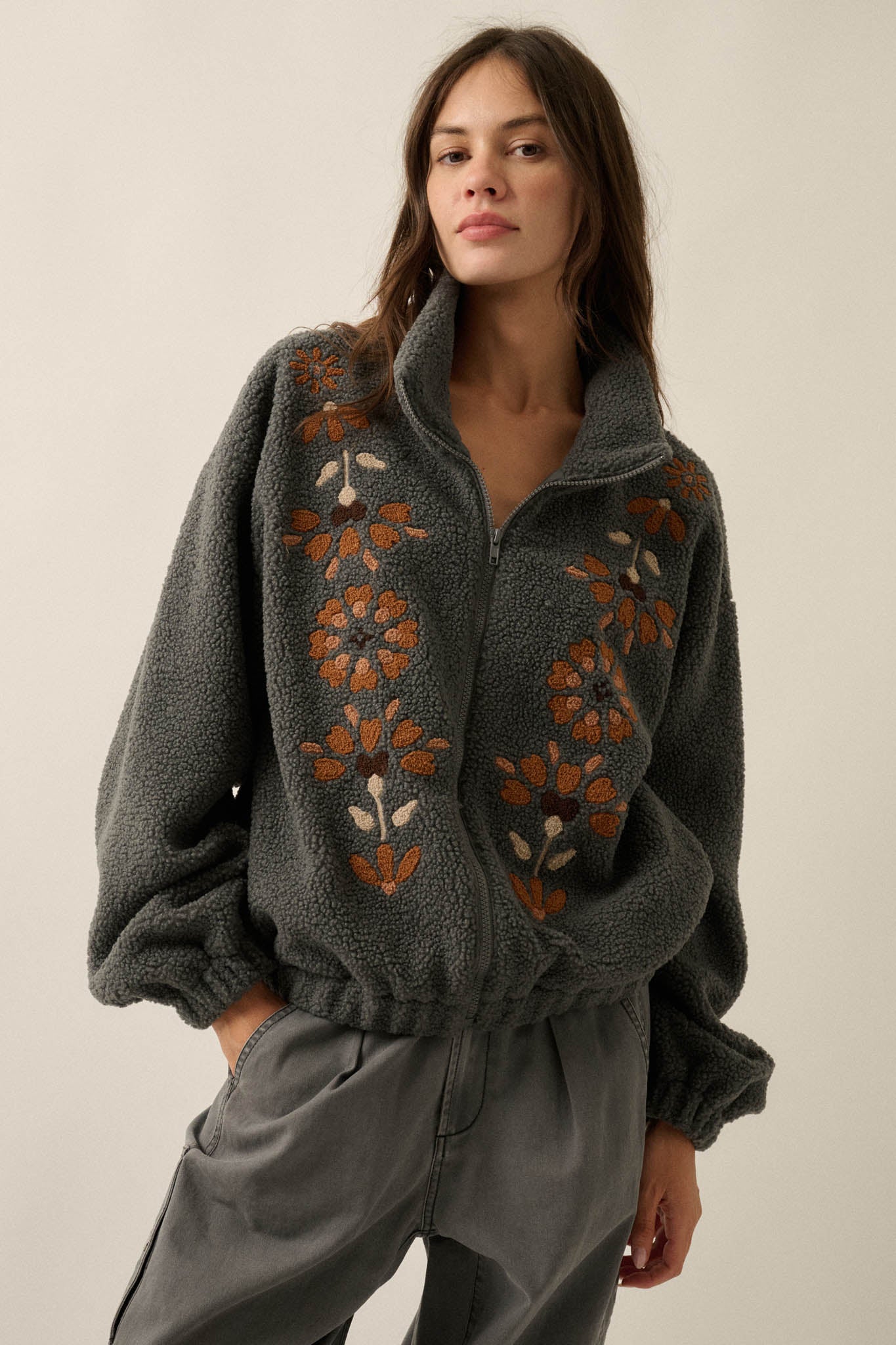 Blooming Hills Floral-Embroidered Fleece Jacket - ShopPromesa