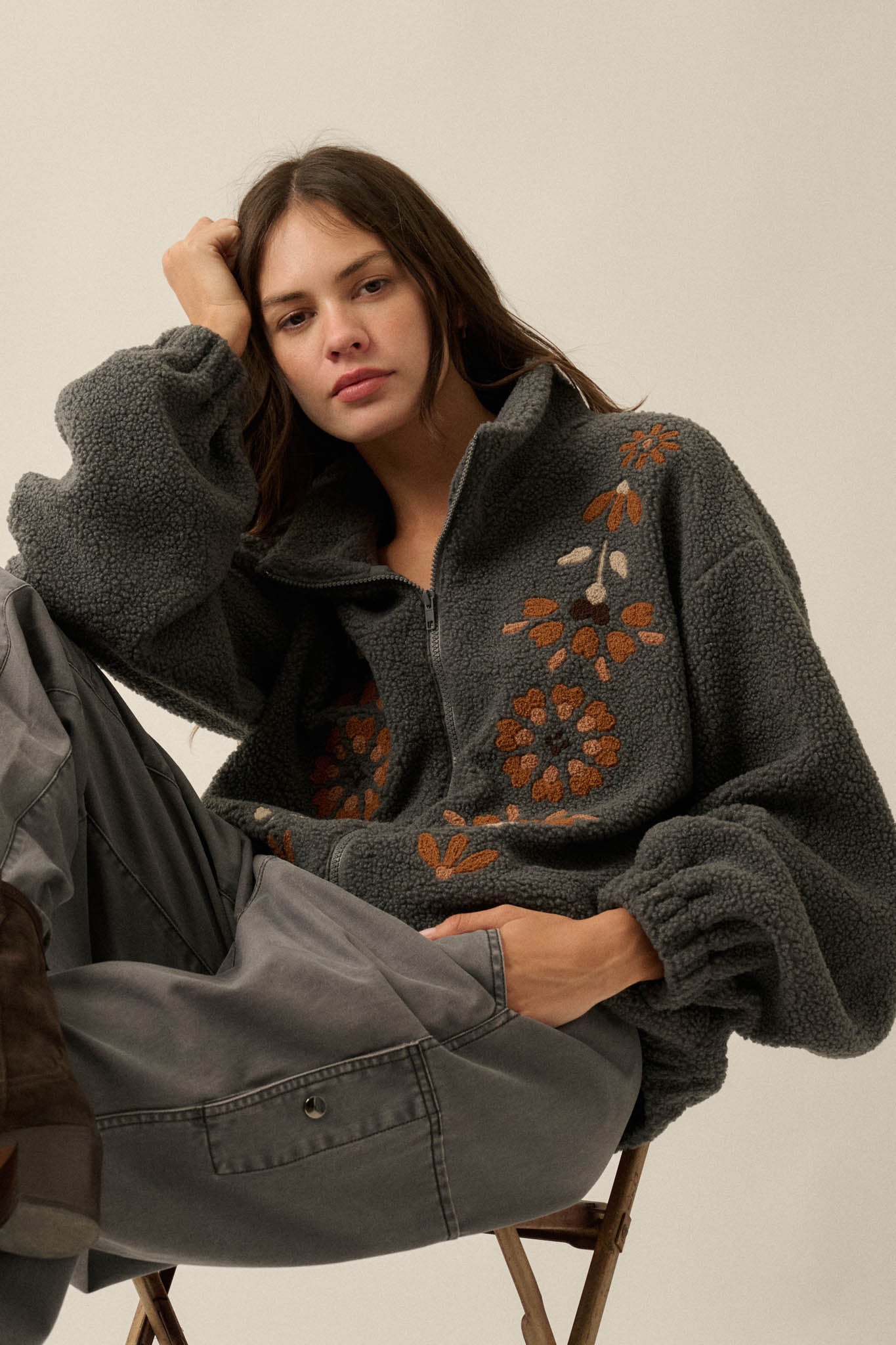 Blooming Hills Floral-Embroidered Fleece Jacket - ShopPromesa