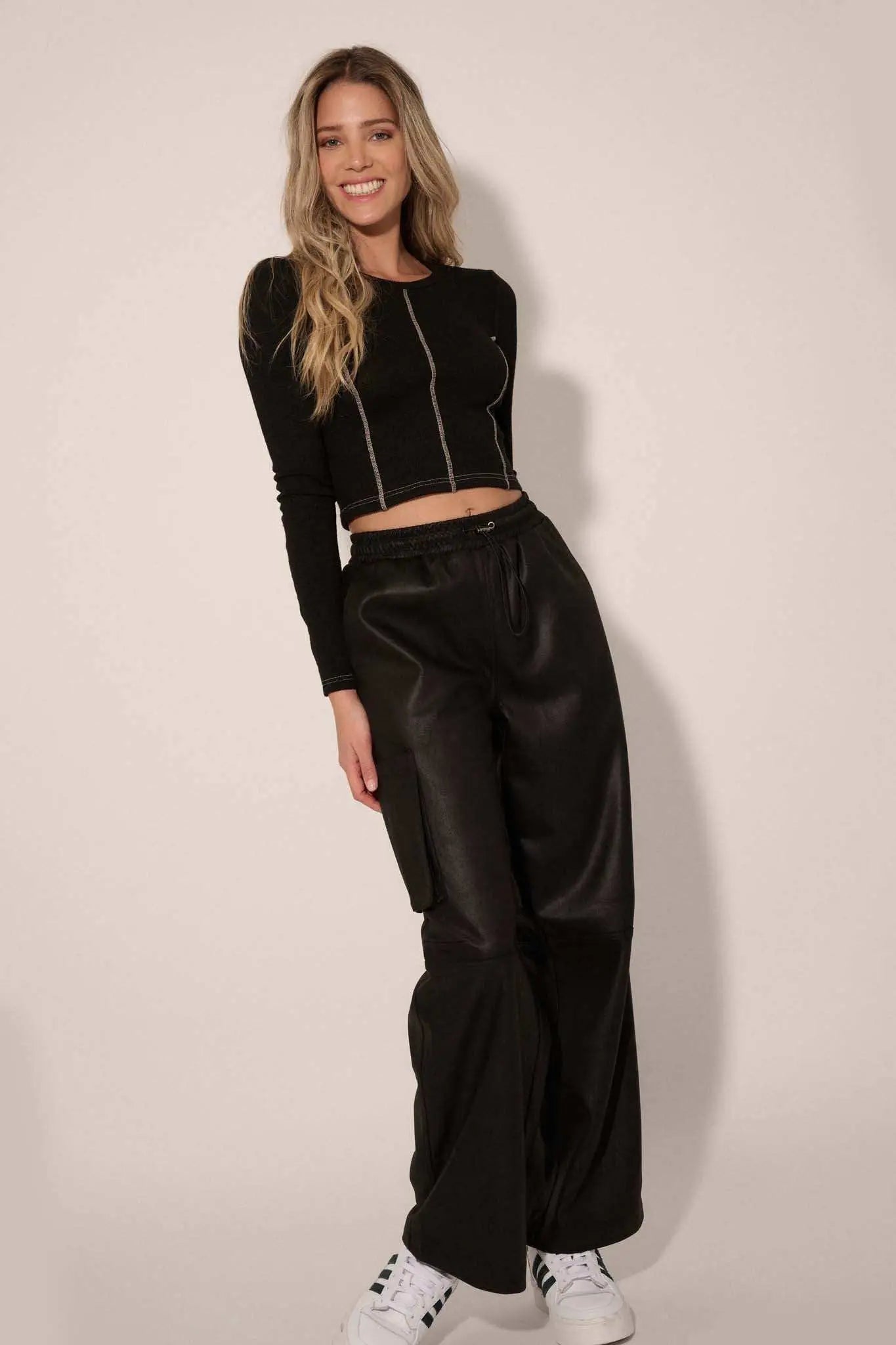 On the Run Vegan Leather Drawstring Cargo Pants - ShopPromesa
