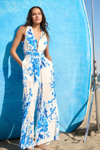 Lapis Lilies Floral Plunge-Front Wide-Leg Jumpsuit - ShopPromesa