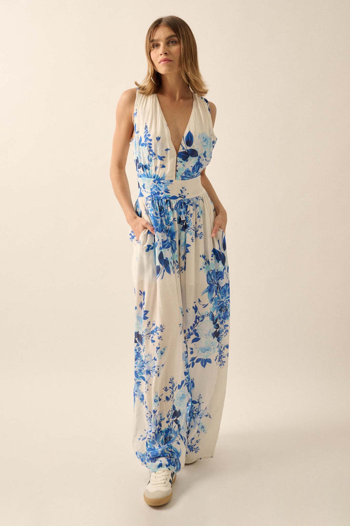 Lapis Lilies Floral Plunge-Front Wide-Leg Jumpsuit - ShopPromesa