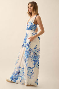 Lapis Lilies Floral Plunge-Front Wide-Leg Jumpsuit - ShopPromesa