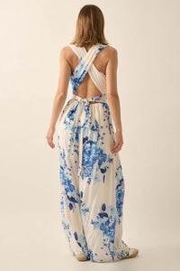 Lapis Lilies Floral Plunge-Front Wide-Leg Jumpsuit - ShopPromesa