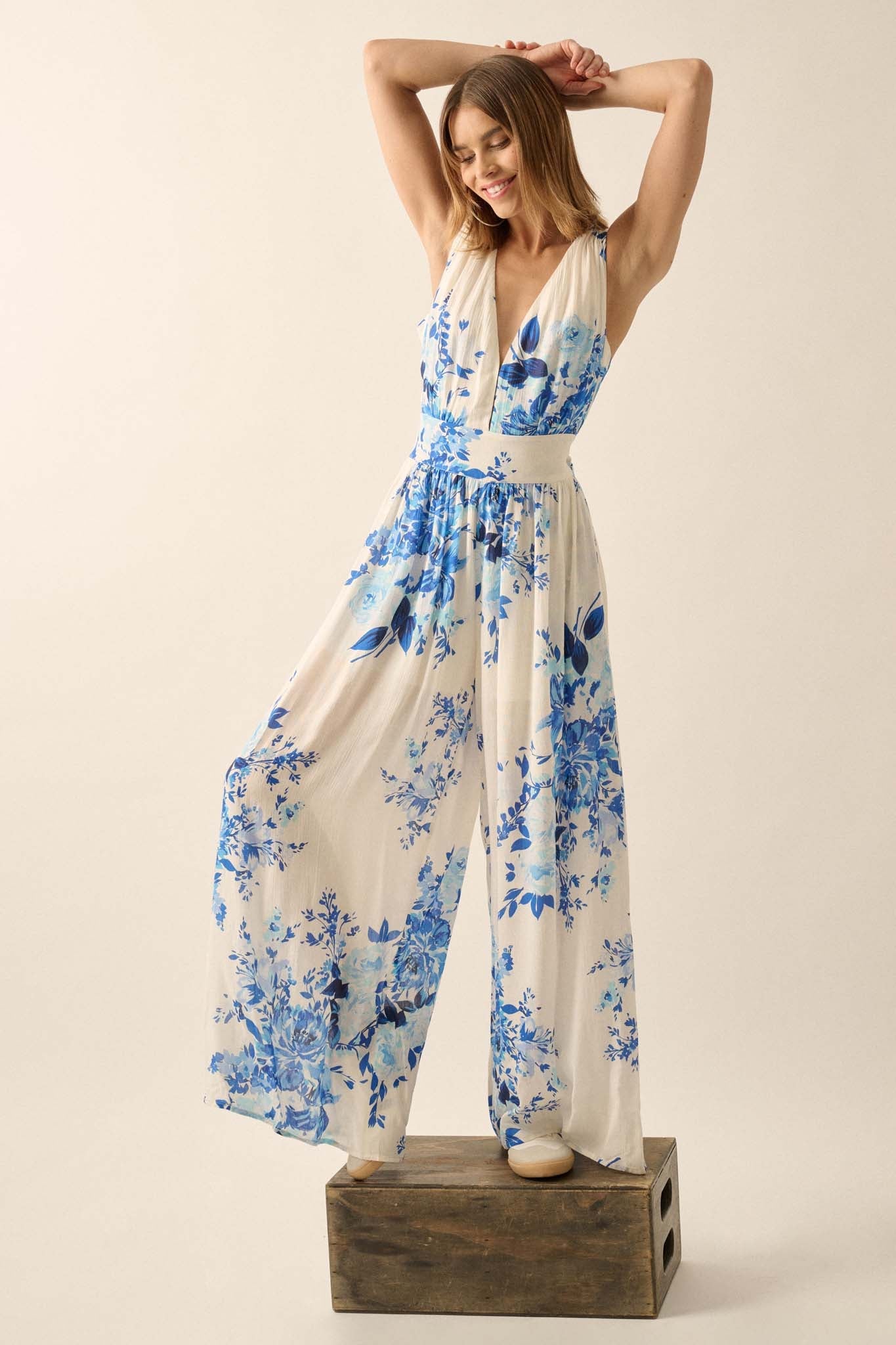 Lapis Lilies Floral Plunge-Front Wide-Leg Jumpsuit - ShopPromesa