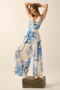 Lapis Lilies Floral Plunge-Front Wide-Leg Jumpsuit - ShopPromesa