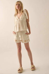 Rustic Blooms Floral Embroidered Linen-Blend Shorts - ShopPromesa