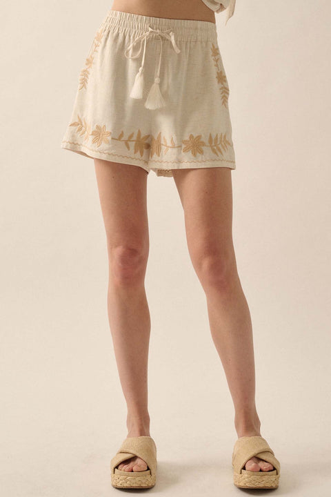 Rustic Blooms Floral Embroidered Linen-Blend Shorts - ShopPromesa