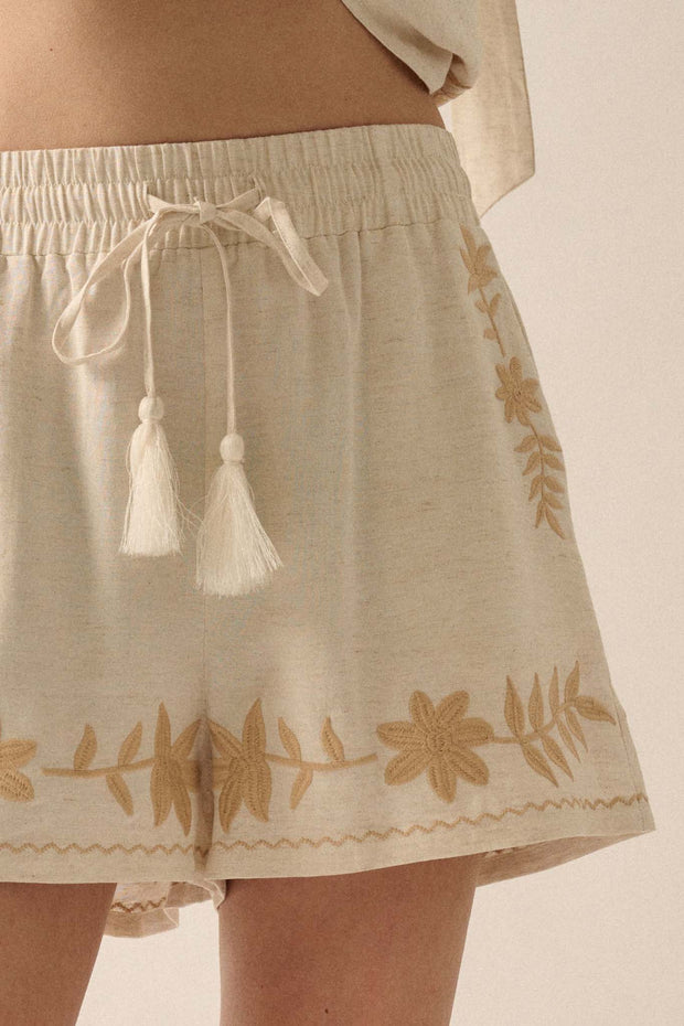 Rustic Blooms Floral Embroidered Linen-Blend Shorts - ShopPromesa
