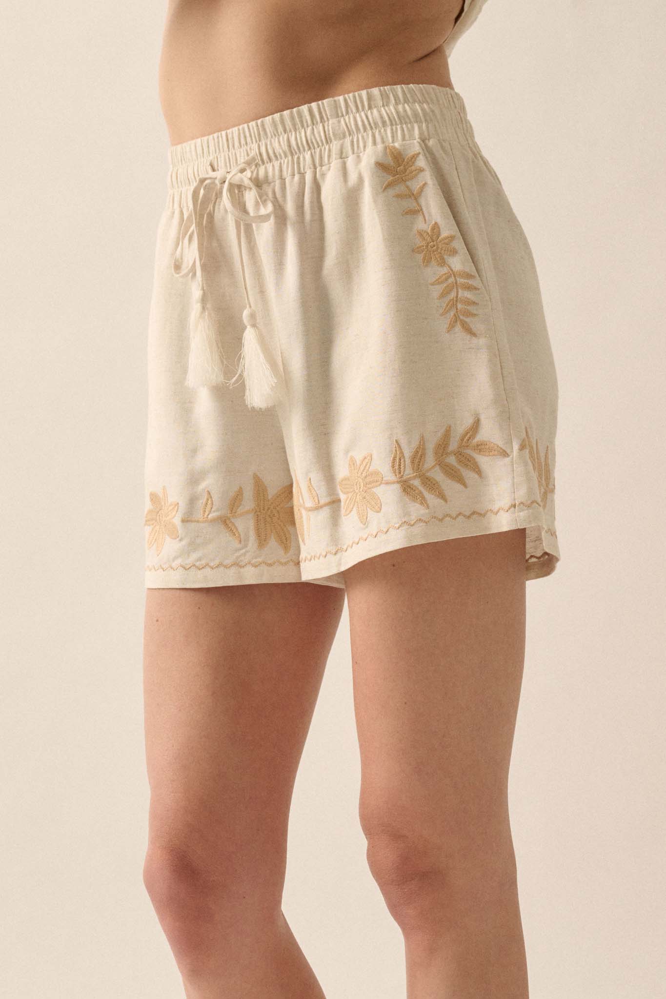 Rustic Blooms Floral Embroidered Linen-Blend Shorts - ShopPromesa