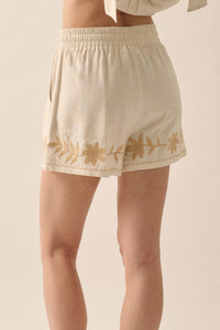 Rustic Blooms Floral Embroidered Linen-Blend Shorts - ShopPromesa