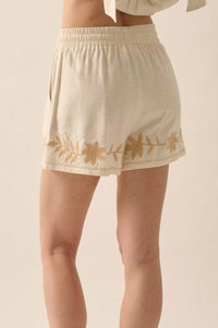 Rustic Blooms Floral Embroidered Linen-Blend Shorts - ShopPromesa