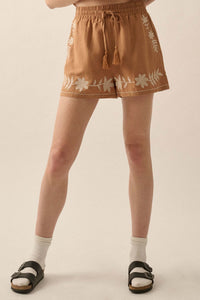 Rustic Blooms Floral Embroidered Linen-Blend Shorts - ShopPromesa