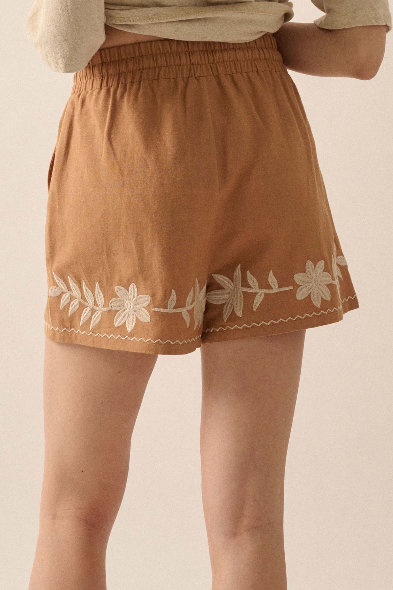 Rustic Blooms Floral Embroidered Linen-Blend Shorts - ShopPromesa