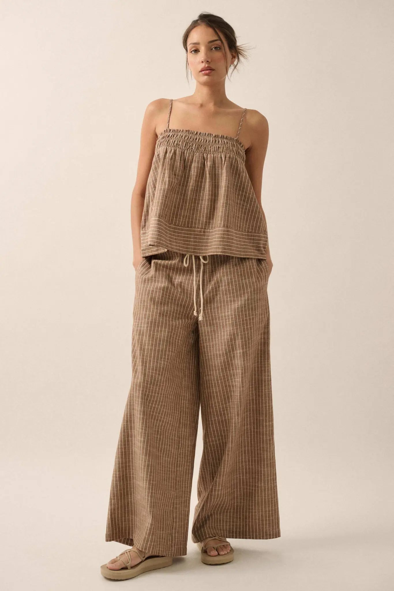 Weekend Away Pinstripe Wide-Leg Drawstring Pants - ShopPromesa