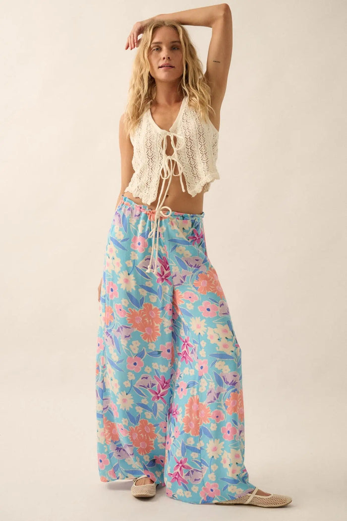 Let It Grow Floral Crepe Wide-Leg Drawstring Pants - ShopPromesa