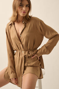 Nine to Five Matte Satin Button-Up Shirt Romper - ShopPromesa