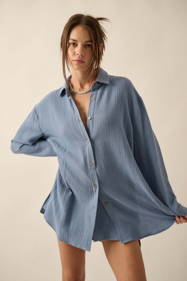 Off the Clock Crinkle Cotton Button-Up Shirt Romper - ShopPromesa