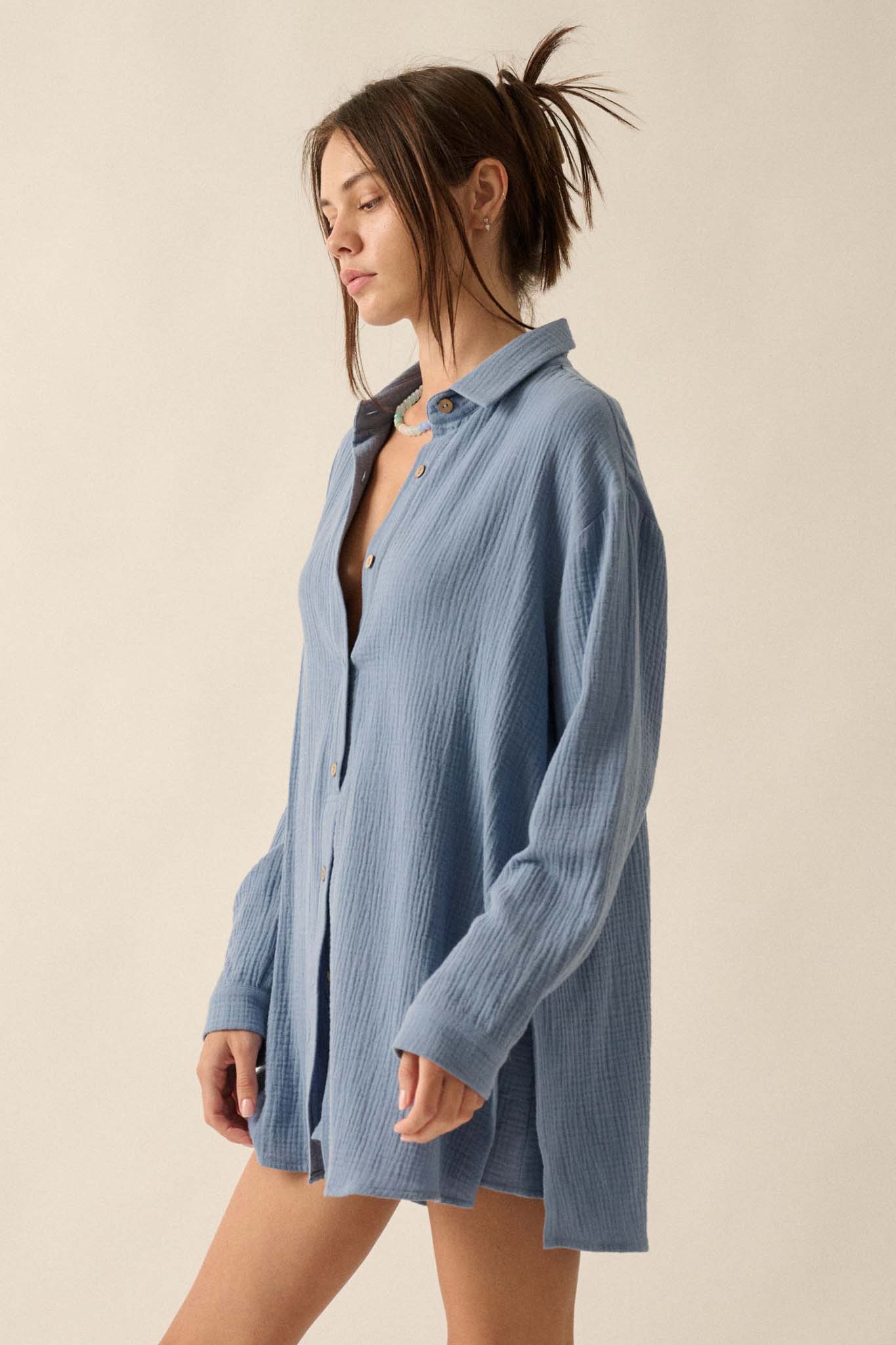 Off the Clock Crinkle Cotton Button-Up Shirt Romper - ShopPromesa