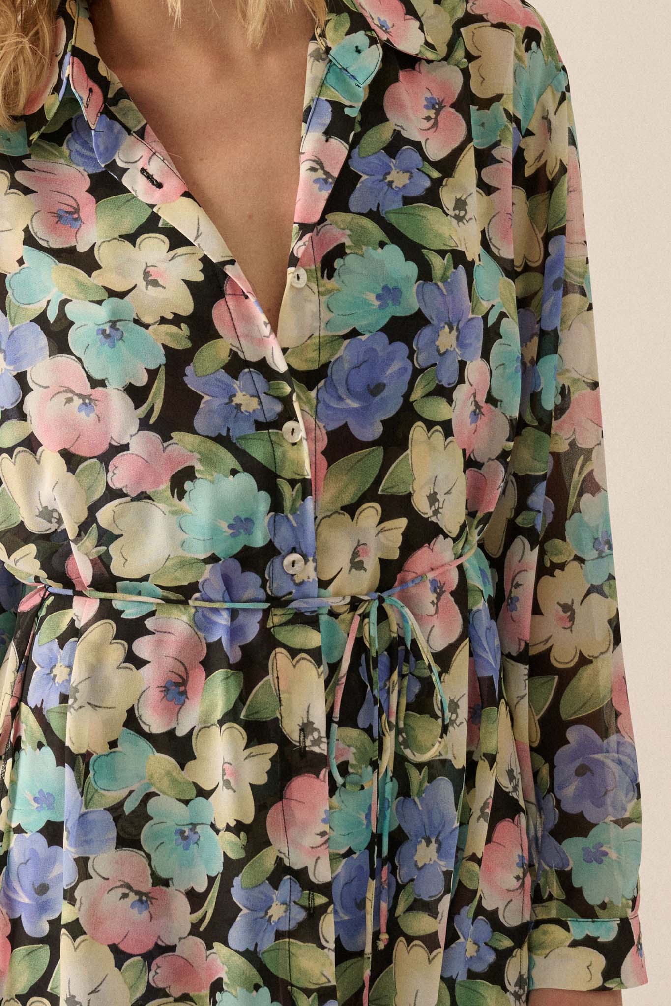 Chromatic Petals Floral Belted Shirt Romper - ShopPromesa