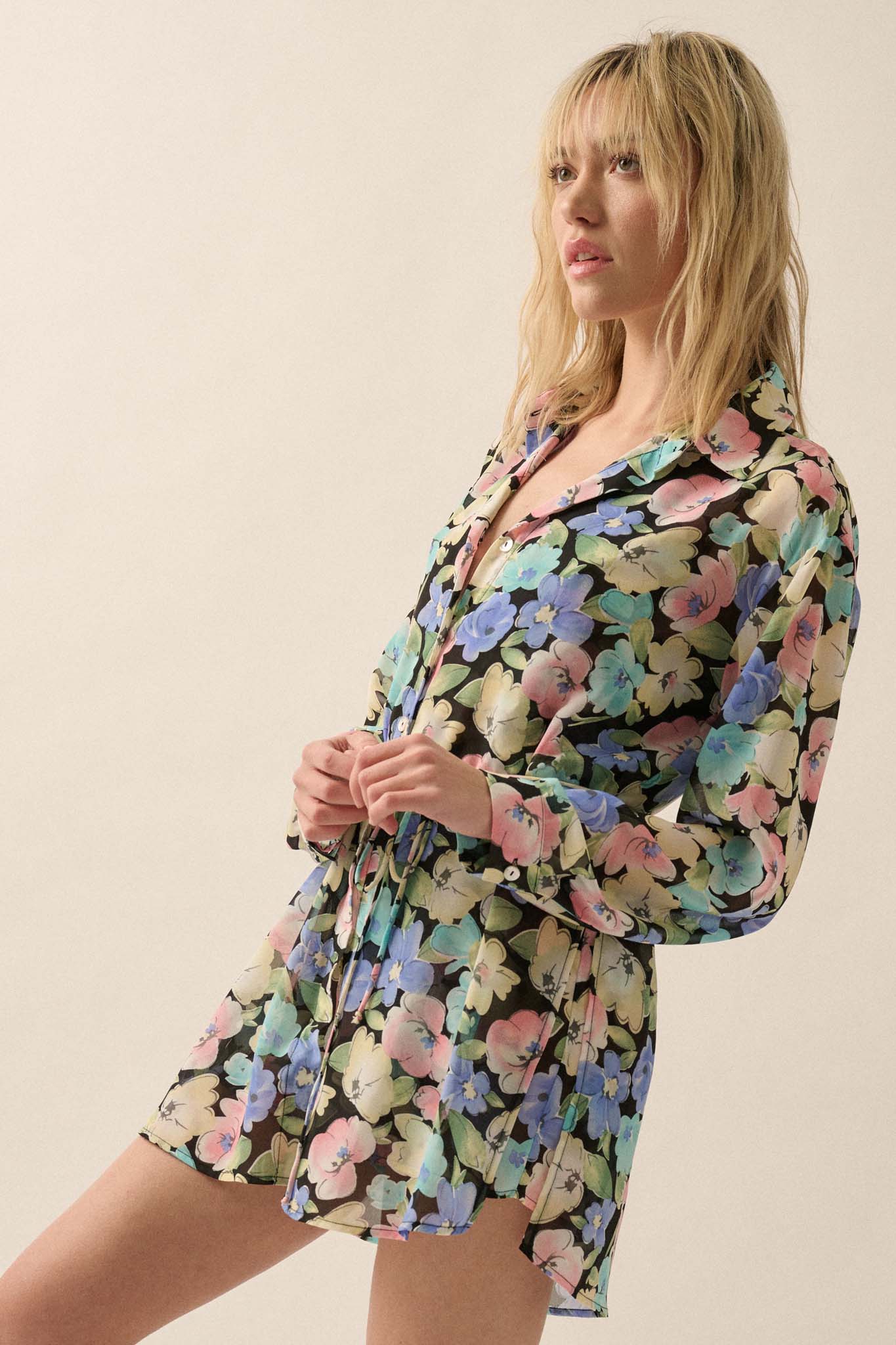 Chromatic Petals Floral Belted Shirt Romper - ShopPromesa