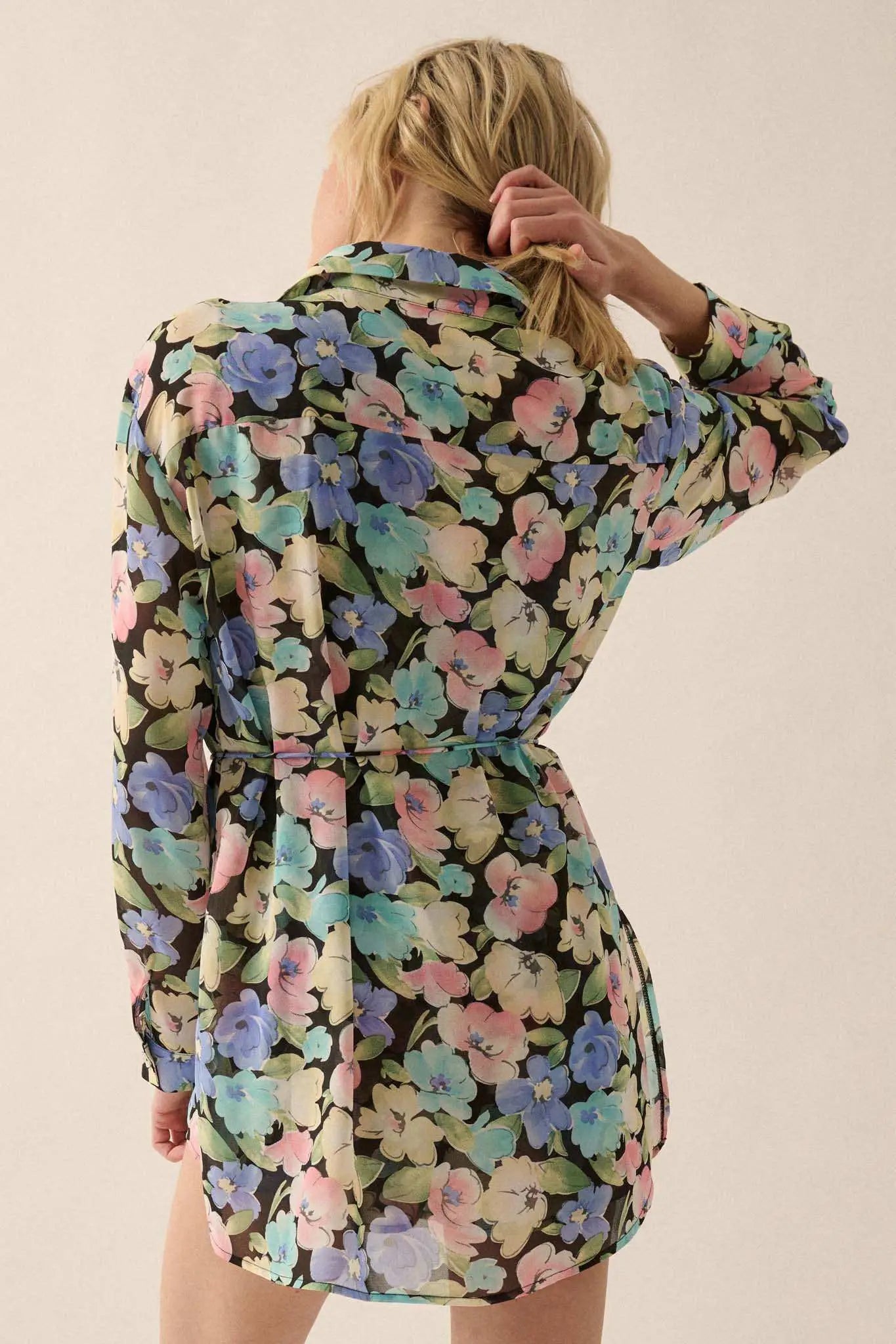 Chromatic Petals Floral Belted Shirt Romper - ShopPromesa