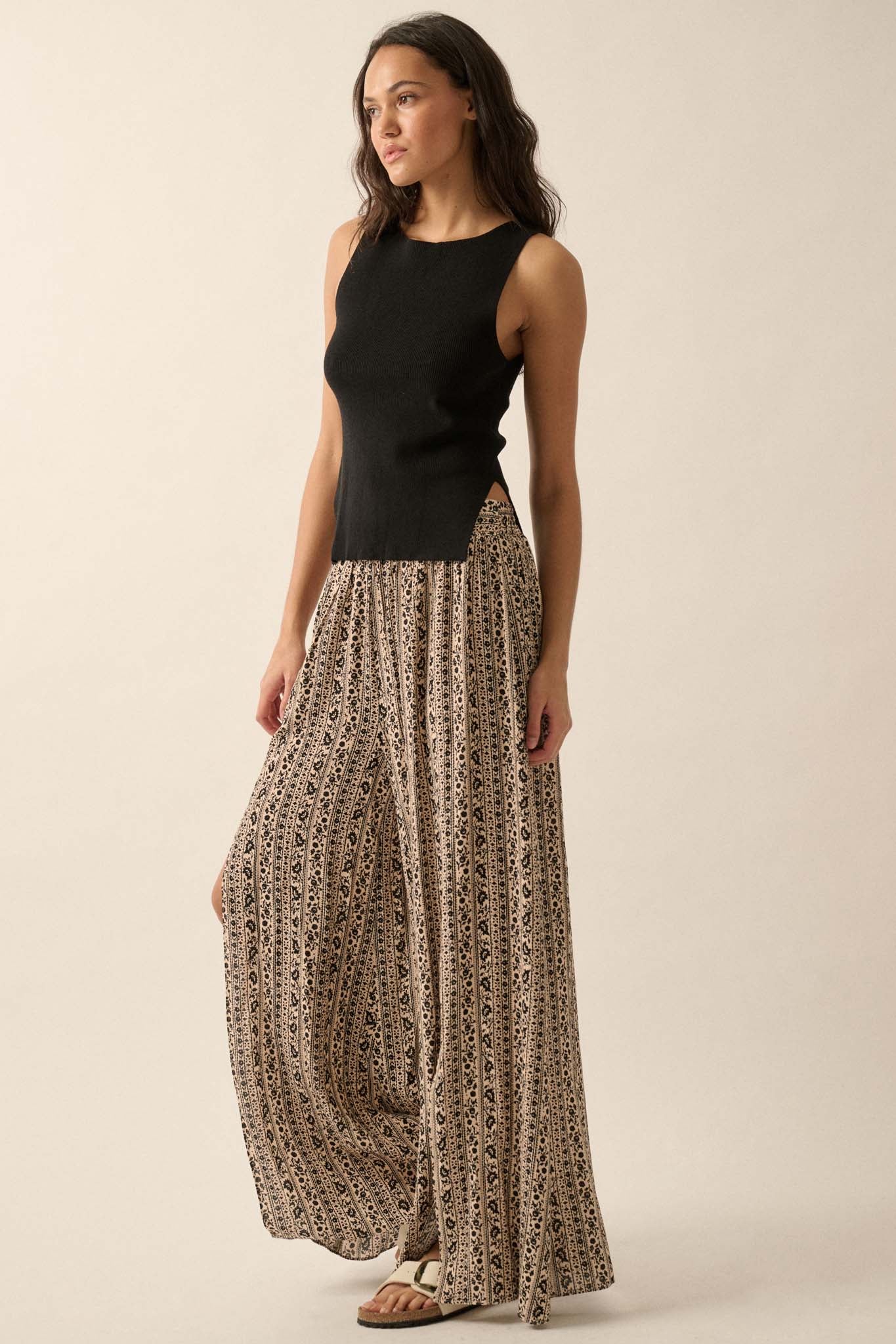 Far Beyond Floral-Stripe Split Wide-Leg Pants - ShopPromesa