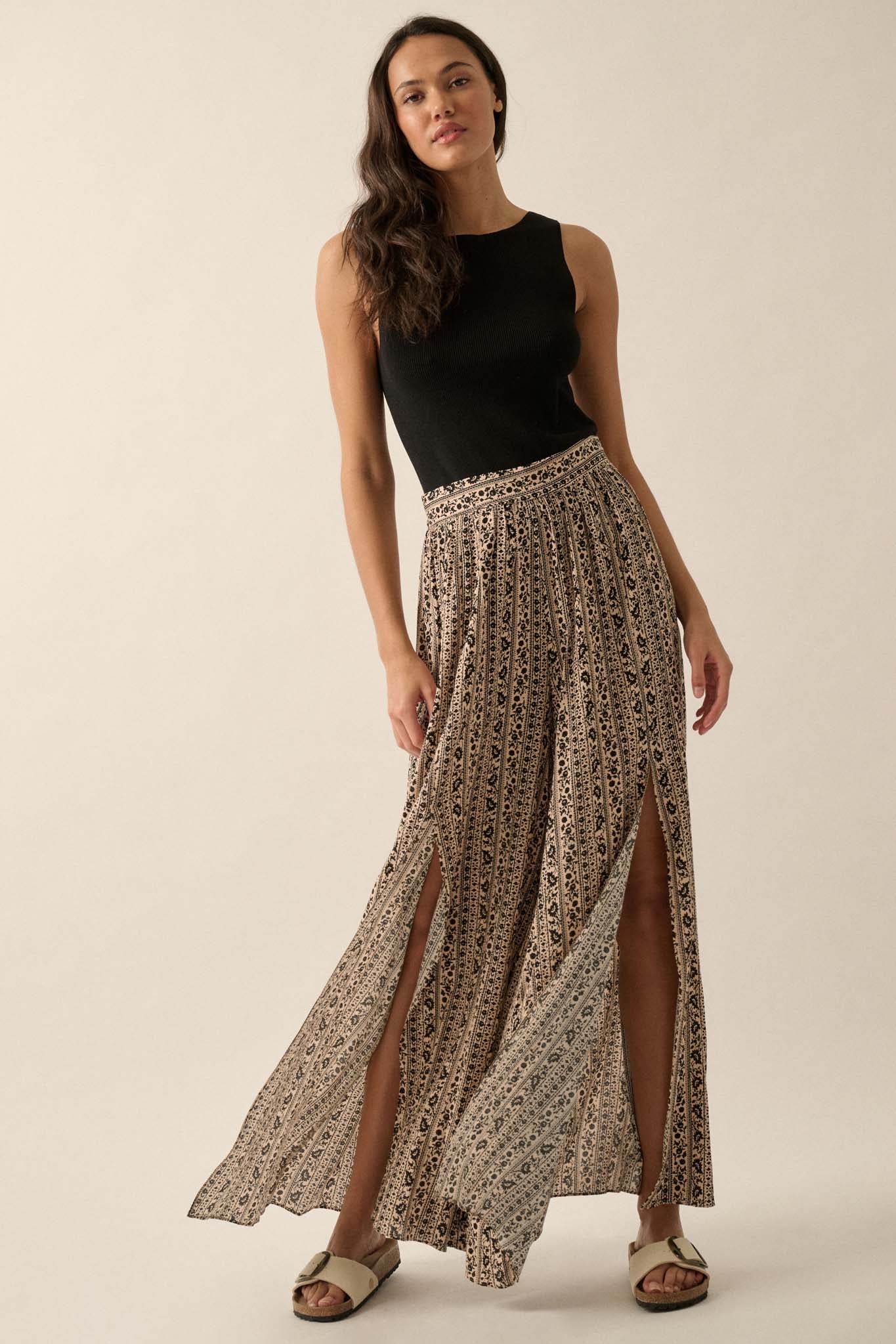 Far Beyond Floral-Stripe Split Wide-Leg Pants - ShopPromesa