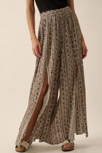 Far Beyond Floral-Stripe Split Wide-Leg Pants - ShopPromesa