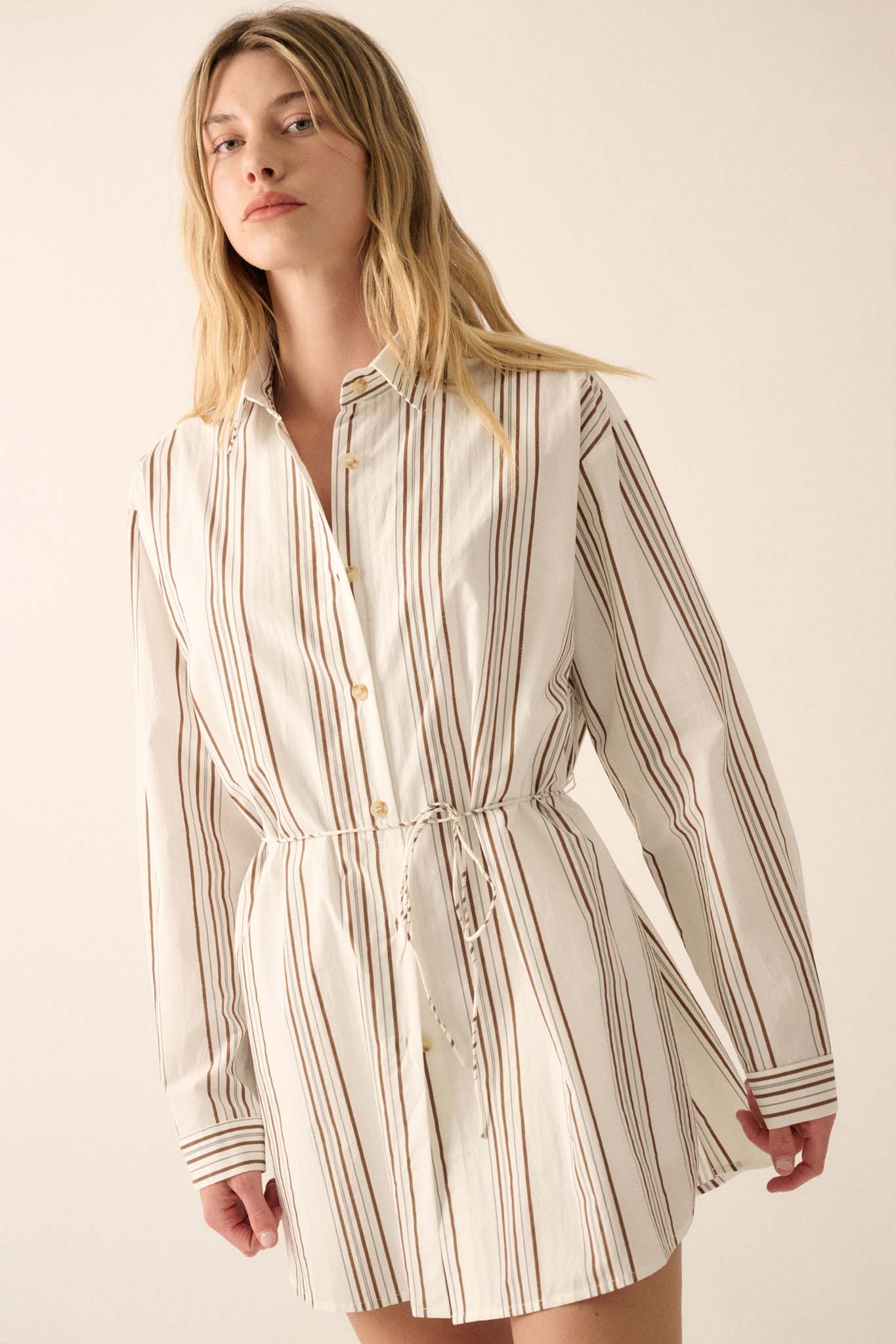 Bottom Line Striped Button-Up Belted Shirt Romper - ShopPromesa