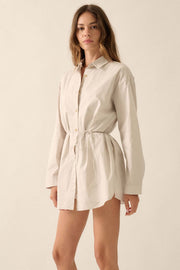 Clock Watcher Cotton Button-Up Belted Shirt Romper - ShopPromesa