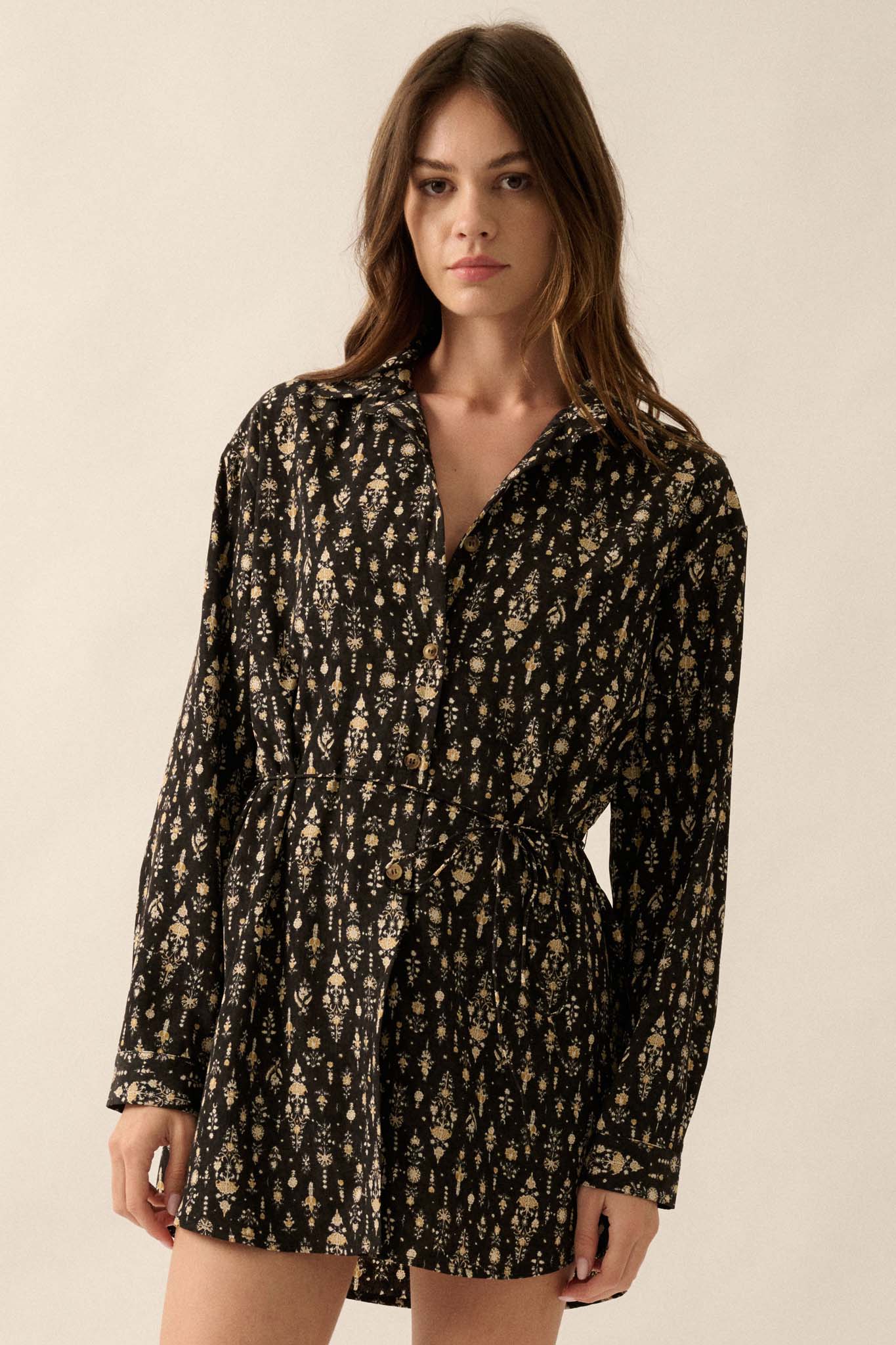 Magic Hour Ornate Floral Button-Up Shirt Romper - ShopPromesa