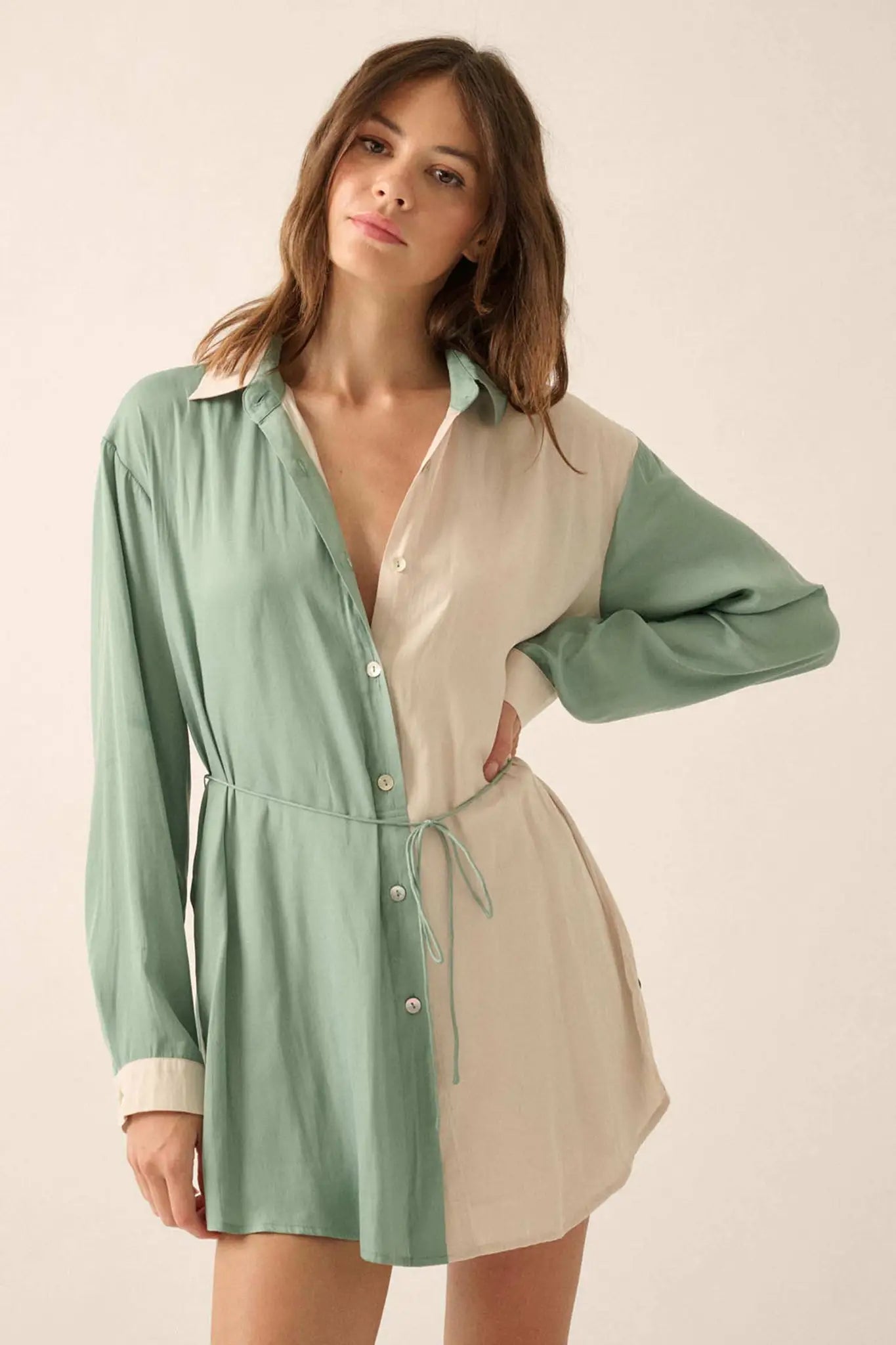 dress shirt romper Bottom Line Striped Button-Up Belted Shirt Romper Cream / L