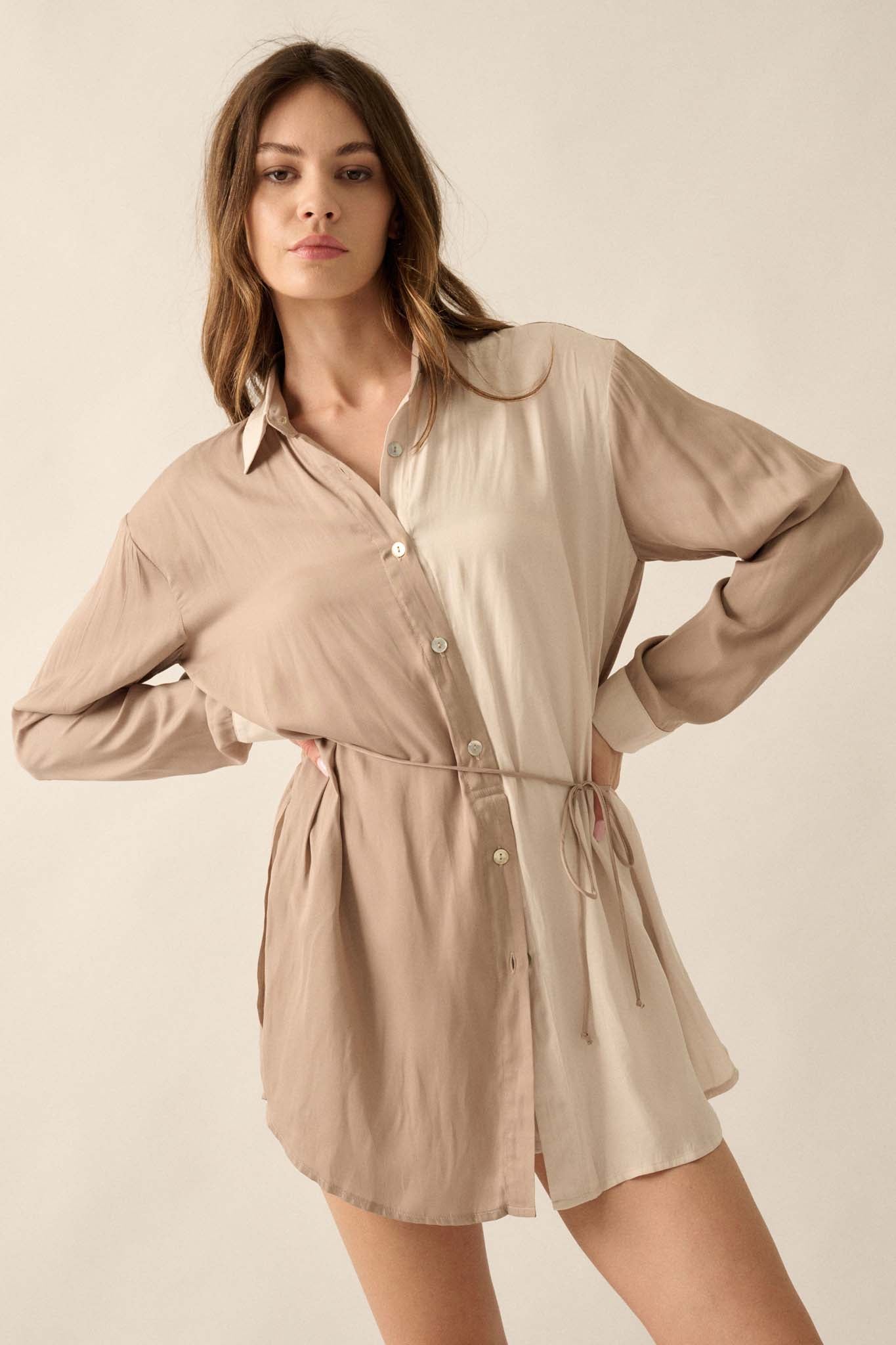 Double Shift Two-Tone Matte Satin Shirt Romper - ShopPromesa