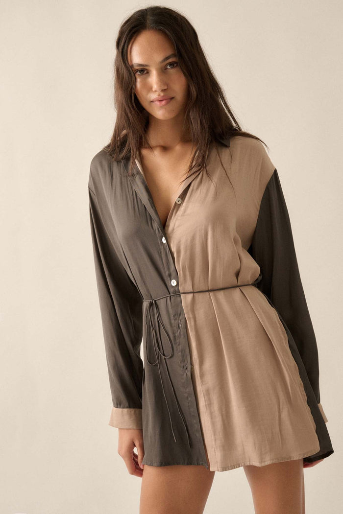 Double Shift Two-Tone Matte Satin Shirt Romper - ShopPromesa