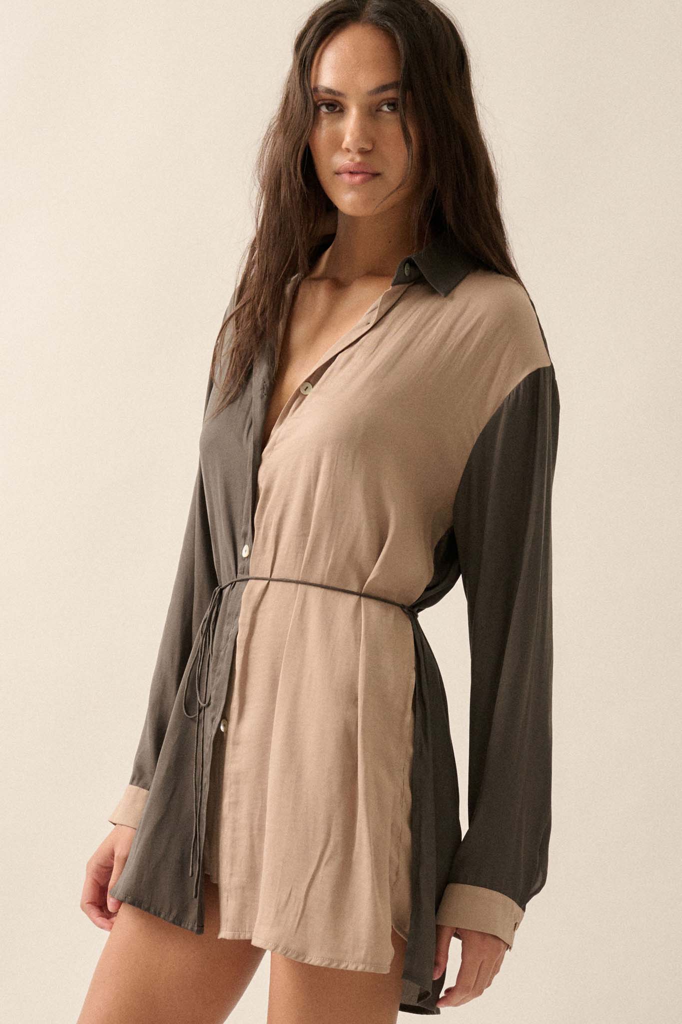 Double Shift Two-Tone Matte Satin Shirt Romper - ShopPromesa