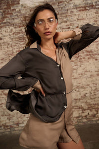 Double Shift Two-Tone Matte Satin Shirt Romper - ShopPromesa